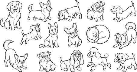 Obraz premium Collection of various dog breeds in different poses isolated on transparent background