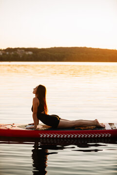 Woman practicing sup yoga at sunset on water