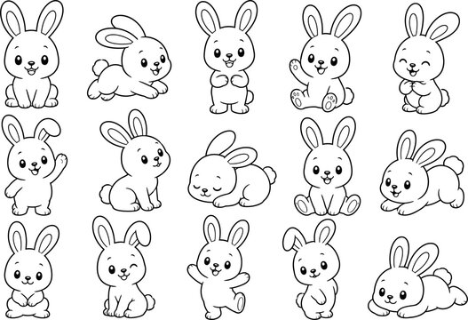 Collection of adorable bunny illustrations in various poses isolated on transparent background