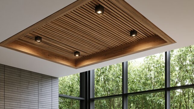 Modern recessed ceiling with wood slats and ambient lighting