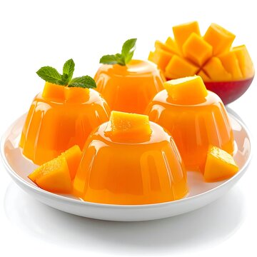 Fresh mango jelly dessert with diced mango on white plate.