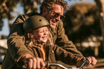 Fototapeta premium Father and daughter laughing together while riding a bicycle outdoors during golden hour