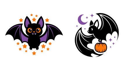 Cute halloween bat illustrations, cartoon vampire bats with pumpkin and stars, vector set
