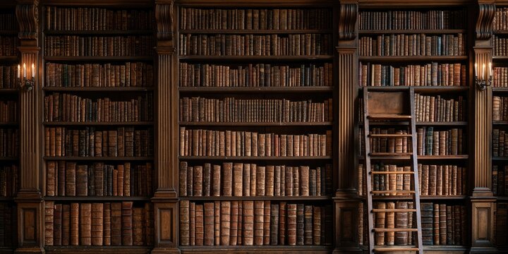 An expansive, dimly lit library filled with antique books on wooden shelves
