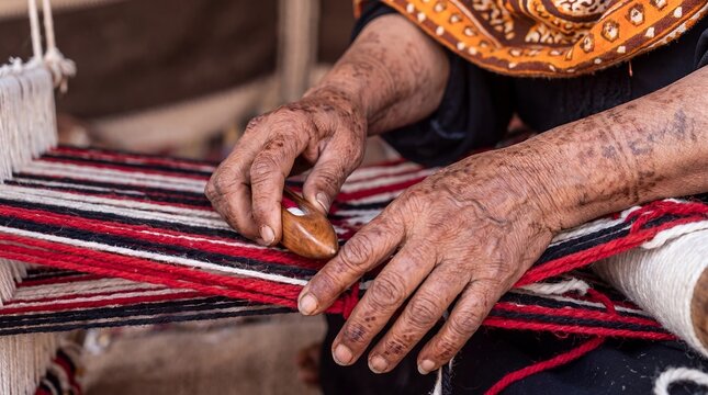 Close up of senior Bedouin woman hands weaving traditional red and black Al Sadu textile on a loom.