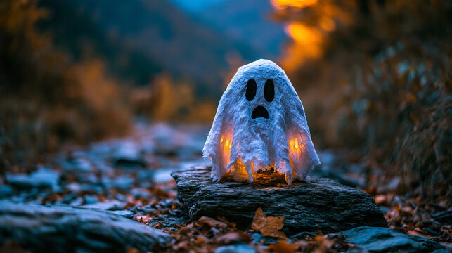 Ghost costume glowing from within standing on a dark rocky path in autumn