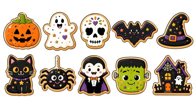 halloween gingerbread cookies vector set with ghost, skull, bat, vampire, and frankenstein biscuits