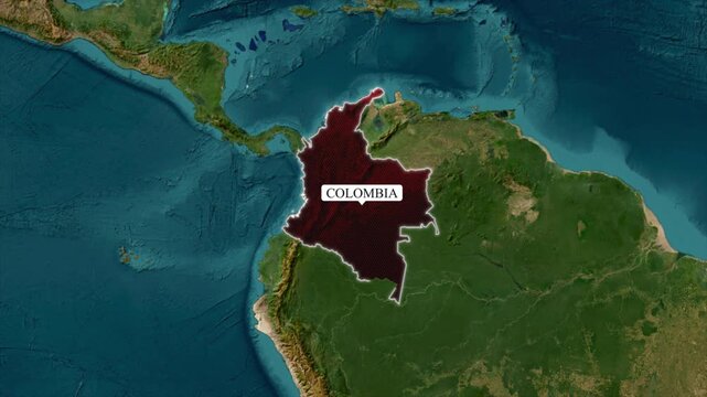Colombia map highlight animation, dark red country border outline on aerial satellite terrain background, South America coastal geography 4K