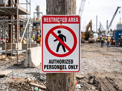 Restricted area sign authorized personnel only on a wooden post at a busy construction site
