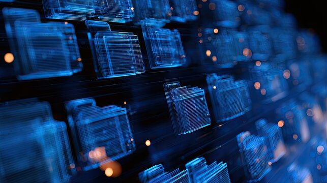 Digital data storage and organization, glowing blue folders in a grid