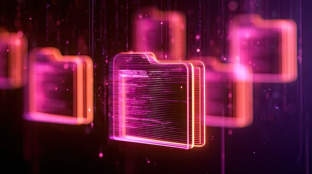 Digital glowing file icons float in a dark, abstract data stream