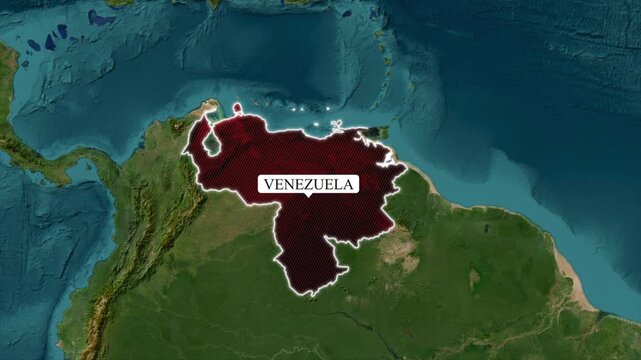 Venezuela map highlight animation, dark red country border outline on aerial satellite terrain background, South America coastal geography 4K