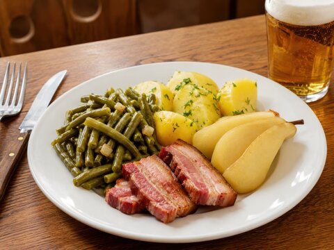 Birnen, Bohnen und Speck im deutschen Restaurant &ndash; norddeutscher Klassiker mit saftigen Birnen, gr&uuml;nen Bohnen, Kartoffeln und herzhaftem Speck, rustikal auf wei&szlig;em Teller serviert.