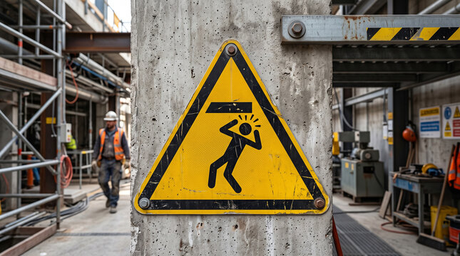 Yellow triangular caution sign warning of overhead hazard at a busy construction site