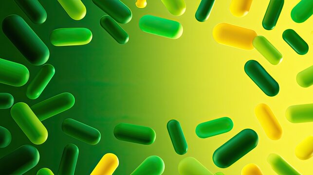 Abstract 3D rendered capsule-shaped objects in vibrant green and yellow hues