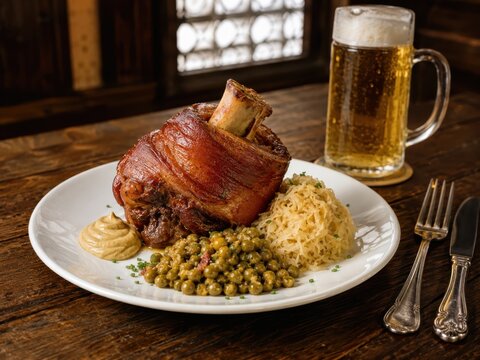 Eisbein mit Sauerkraut, Erbsen und Senf im deutschen Restaurant &ndash; deutscher Klassiker, herzhaft und deftig auf wei&szlig;em Teller serviert, dazu ein frisch gezapftes Bier.