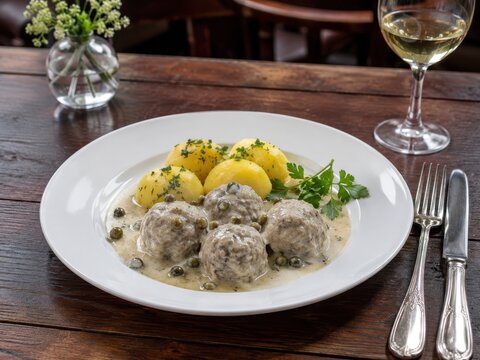 K&ouml;nigsberger Klopse im Restaurant &ndash; deutscher Klassiker mit zarten Fleischkl&ouml;&szlig;en, cremiger Kapernso&szlig;e und Petersilienkartoffeln, traditionell auf wei&szlig;em Teller serviert.