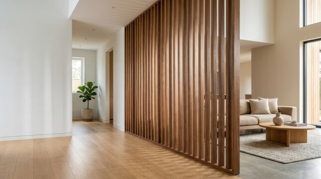 Contemporary open plan living room interior with wooden slatted room divider and modern furniture.