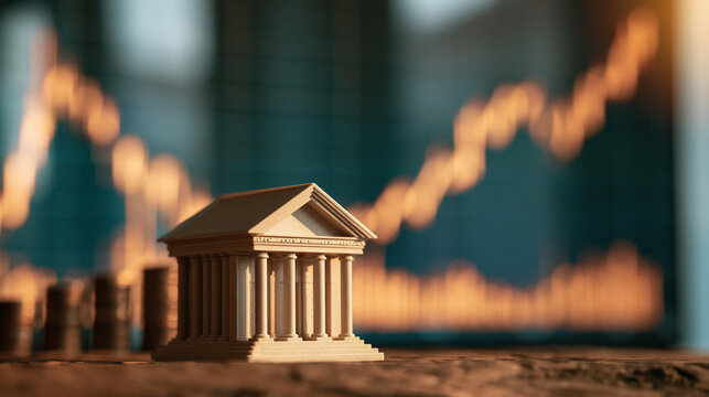 A miniature neoclassical bank model sits before a blurred financial stock market graph. Concepts of investment and.