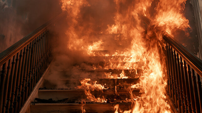 A wooden staircase engulfed in intense flames and smoke. Concept of fire danger, house destruction and emergency.