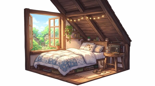 Cozy attic bedroom with bed and open window showing outdoor plants
