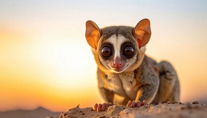 Naklejka premium Adorable Galago Primate with Large Eyes Sitting on a Rocky Ledge during Golden Hour Sunset with Ample Copy Space for Text