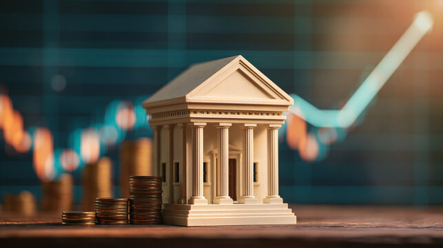 Bank building model with stacked coins against a rising stock market graph. Financial growth and banking concept for.