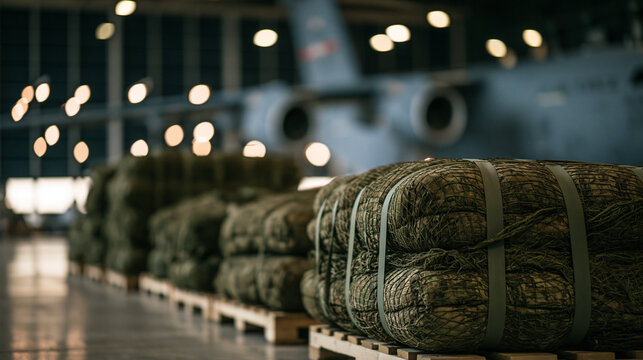 Military cargo pallets wait in a hangar for deployment. Concepts of logistics, global defense, and strategic aid.