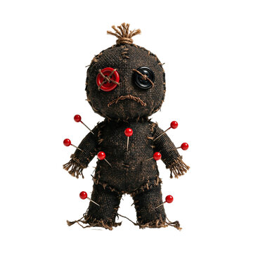 Spooky Voodoo Doll Made of Burlap Fabric with Red Pins