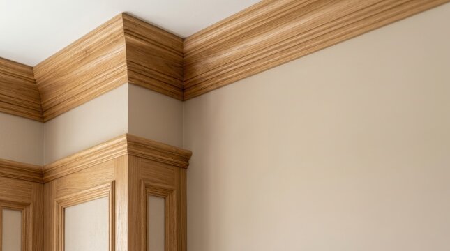 Traditional oak crown molding and wall paneling highlight craftsmanship and architectural detail in high end room interior.