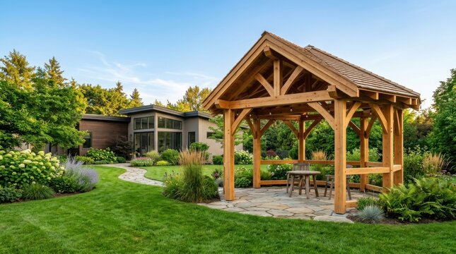 Timber gazebo structure with stone patio and lush green lawn in backyard for outdoor relaxation and summer garden leisure.