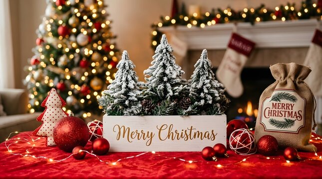 Festive holiday centerpiece featuring miniature snowy pine trees and a wooden box with merry christmas text on red velvet fabric