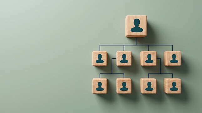 Corporate organizational hierarchy chart on wooden blocks for business leadership team management and workflow structure plan.
