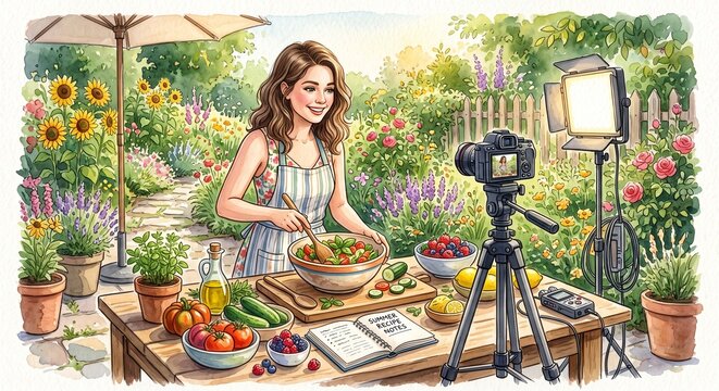 Woman tossing salad while recording cooking video in summer garden