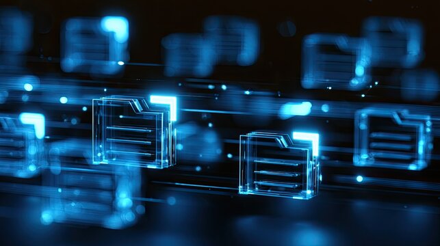 Abstract digital data transfer, glowing files moving rapidly