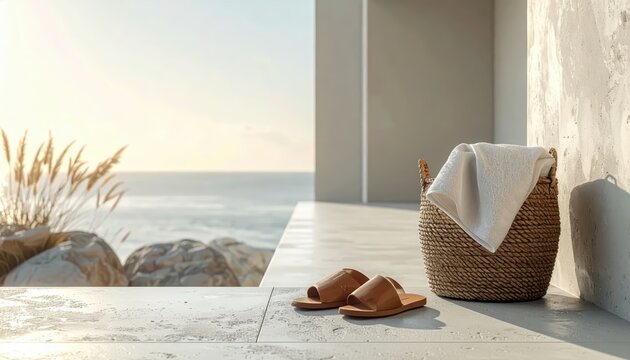 Serene Coastal Terrace with Wicker Basket, Sandals and White Towel Facing the Ocean at Sunset, Minimalist Vacation Concept with Copy Space