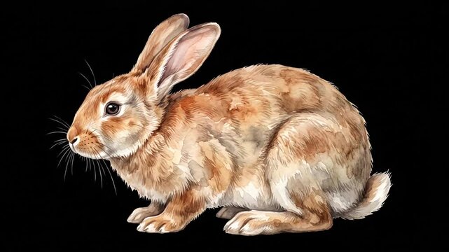 Fluffy brown rabbit illustration profile on black background.