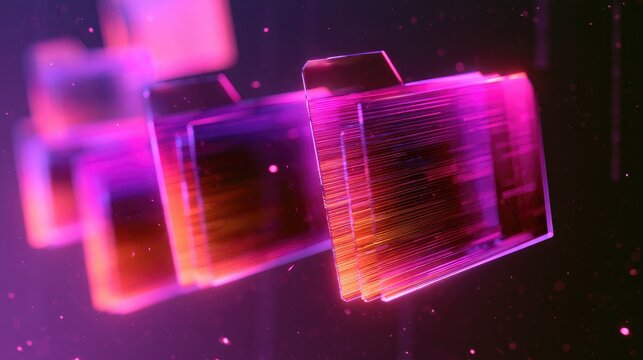 Digital folders with glowing lines representing data flow