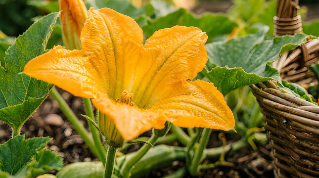 A vibrant yellow pumpkin blossom blooming in a lush garden next to a wicker basket