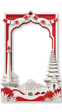 Elegant paper cut frame design celebrating Indonesia's Independence Day, featuring iconic national landmarks rendered in vibrant red and white patriotic colors