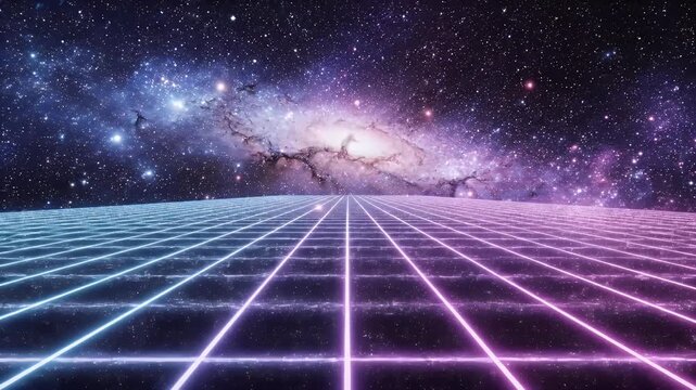 A neon grid recedes into a vibrant nebula and distant stars in deep space