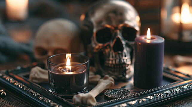 Human skull and burning candles on dark table background with skeleton, mourning