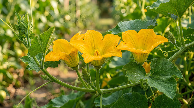 Bright yellow pumpkin flowers blooming on a green vine in an organic vegetable garden