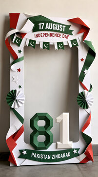Pakistan Independence Day celebration photo booth frame featuring 14 August date and national flag colors, Pakistan Zindabad message
