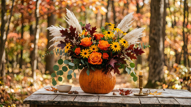Beautiful autumn flower arrangement in a pumpkin vase on a wooden table outdoors in fall