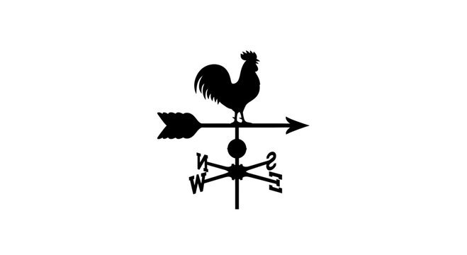 Black rooster weather vane silhouette on white background with directional indicator graphic element compass symbol design rural arrow with wind