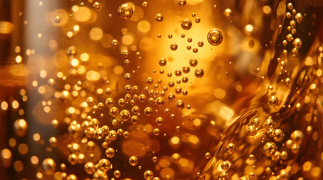 Carbonated brown beverage with bubbles