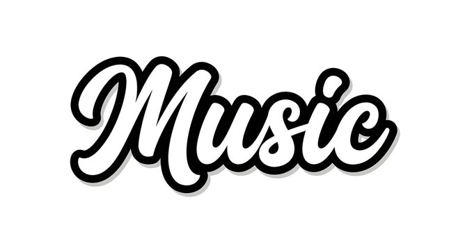Music word written in a bold black and white cursive script font style for creative design projects and web headers