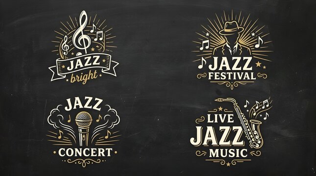 Set of four vintage style jazz music emblems with saxophone microphone musical notes and a singer in a hat design