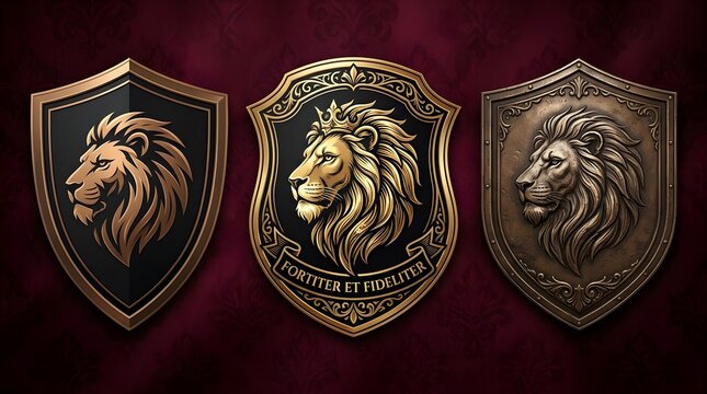 Three different heraldic shields with lion head emblems and vintage metallic details isolated on a dark red background